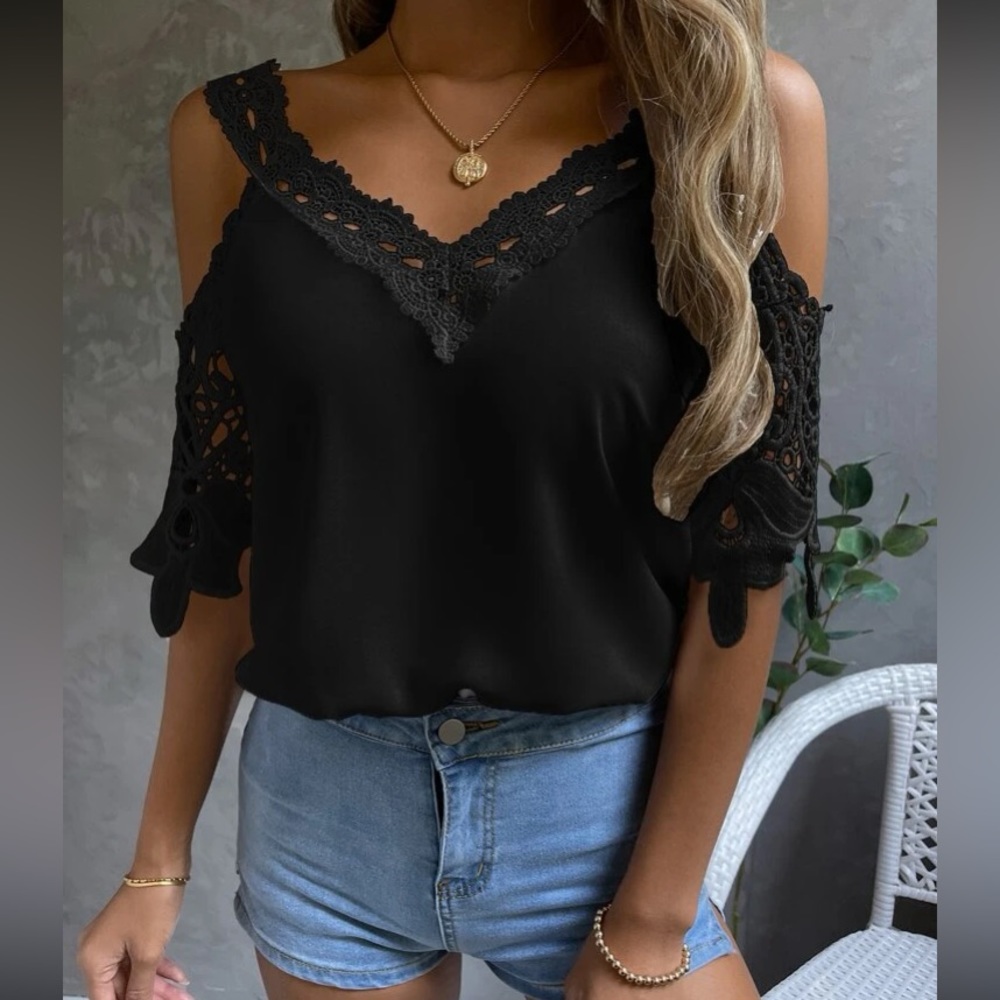 Boho black lace cold shoulder top - Picture 4 of 7